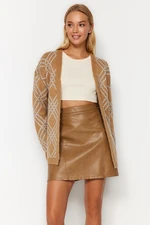 Trendyol Camel Oversize Midi Soft Textured Vzorovaný pletený svetr