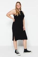 Trendyol Curve Black Ribbed Crew Neck Slit Knitted Dress