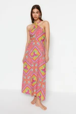 Trendyol Tropical Patterned Maxi Woven 100% Cotton Beach Dress