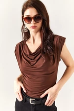 Olalook Women's Dark Brown Padded Plunging Collar Flowy Blouse