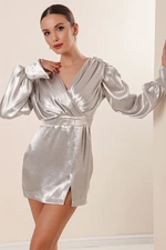 By Saygı Double-breasted Collar Satin Dress with Pleated Shoulders and Mini Slit in the Front. Silver