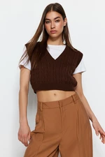 Trendyol Brown Crop V-Neck Knitwear Sweater