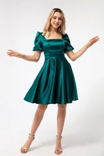 Lafaba Women's Emerald Green Balloon Sleeves Flare Cut Midi Satin Evening Dress.