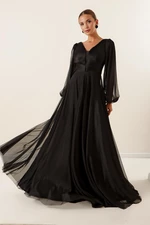 By Saygı Front Back V Neck Balloon Sleeve Long Tulle Dress