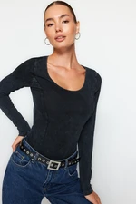 Trendyol Anthracite Weathered/Faded Effect Cotton Long Sleeve Elastic Snaps Knitted Body