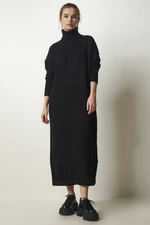 Boldogság İstanbul női fekete garbó hasított oversize kötöttáru ruha