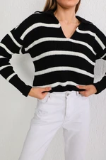 BİKELİFE Women's Black Polo Neck Striped Thick Knitwear Sweater