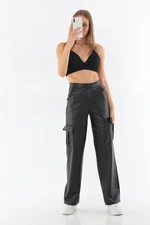 BİKELİFE Women's Black Leather High Waist Wide Leg Cargo Pants