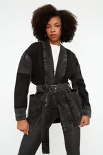 Trendyol Anthracite Color Block Oversize džínová bunda s opaskem