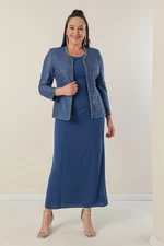 By Saygı Long Crepe Dress with Stones and Lined Collar, Sequin Jacket Plus Size 2-Piece Suit