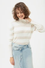 Lafaba Women's Beige Turtleneck Striped Knitwear Sweater