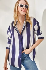 Olalook Women's Navy Blue Striped Oversized Satin Shirt