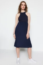 Trendyol Navy Blue Poplin Detail Halter Neck A-Line Midi Knitted Dress