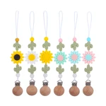 Safety Silicone Baby Infant Toddler Dummy Pacifier Wooden Soother Nipple Clip Chain Holder Strap Sunflower Chew Teether Teething