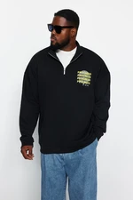 Trendyol Black Men's Plus Size Oversize/Wide cut Standing Collar Zippered Comfort Printed Fleece Inner Sweatshirt.