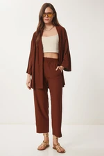 Happiness İstanbul Women's Brown Kimono Pants Knit Set