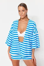 Trendyol Blue Striped Belted Mini Knitted Kimono&Kaftan