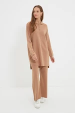 Trendyol Camel Polo Collar Tunic-Pants Knitwear Suit