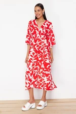 Trendyol Red Floral Patterned A-Line Double Breasted Midi Woven Dress DWOSS24EL00913