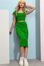 Trend Alaçatı Stili Women's Green Kiss Collar Crop Top With Ruffle Shoulders And A High Waist Knitwear Skirt Double Suit