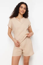 Trendyol Beige Cotton Ribbed Knitted Pajamas Set