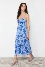 Trendyol Blue Floral Pleated Maxi Printed Maxi Length Sweetheart Neck Knitted Dress