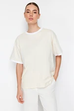 Trendyol Stone 100% Cotton Contrast Collar and Stripe Detail Oversize/Casual Fit Knitted T-Shirt