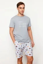 Trendyol Gray Regular Fit Printed Knitted Shorts Pajamas Set