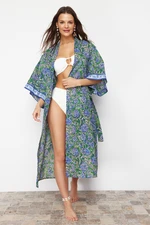 Trendyol Kimono & Kaftan with Floral Pattern Belted Maxi Woven Ribbon Accessory