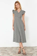 Trendyol Black Checkered A-Line Gipe Detailed Midi Woven Dress