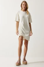 Happiness İstanbul Women's Cream Gathered Mini Knitted Dress