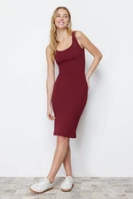 Trendyol Claret Red Pool Collar Ribbed Stretchy Knitted Midi Pencil Dress