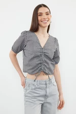 Trendyol Black Gathered Gingham Woven Blouse