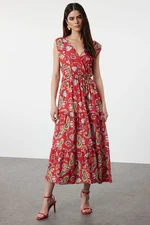 Trendyol Red Ethnic A-Line Double Breasted Neck Viscose Woven Dress