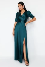 Trendyol Emerald Green Belt Detailed Knitted Long Evening Dress