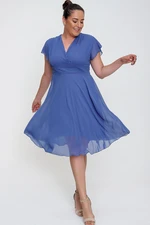 By Saygı Double Breasted Collar Flounce Lined Plus Size Chiffon Dress Indigo