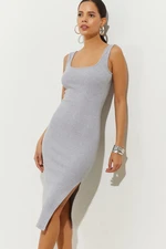 Cool & Sexy Women's Gray Camisole Basic Slit Midi Dress B2467