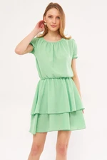 armonika Women's Light Green Endeka Dress Collar Gathered Sleeve and Elastic Waist Skirt Layered