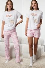 Trendyol White 3-Pack 100% Cotton Elephant and Heart Patterned Knitted Pajama Set