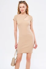 armonika Women's Beige Collar Windowed Short Sleeve Dress