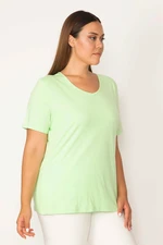 Şans Women's Plus Size Green Cotton Fabric Crewneck Short Sleeve Blouse