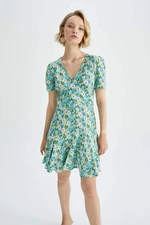 DEFACTO V Neck Floral Mini Short Sleeve Dress