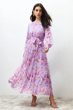 Trendyol Pink Floral Sash Detailed Lined Pleated Chiffon Woven Dress