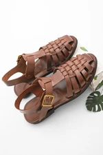 Marjin Women's Genuine Leather Lightweight EVA Sole Daily Sandals, Kesva, tan.