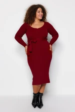 Trendyol Curve Burgundy Waist Tie Detailed Buttoned Knitwear Dress