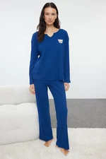 Trendyol Navy Blue Cotton Teddy Bear Embroidered Ribbed Knitted Pajama Set