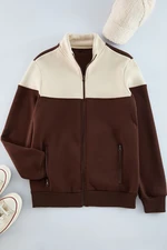 Trendyol Brown-Beige Regular Fit Long Sleeve Stand Collar Zippered Sweatshirt