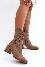 Suede ankle boots with an openwork upper on the block, dark beige Irvelame