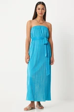 Happiness İstanbul Women's Light Blue Strapless Belted Pleated Dress