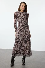 Trendyol Brown Printed Gather/Drape Maxi Knit Dress